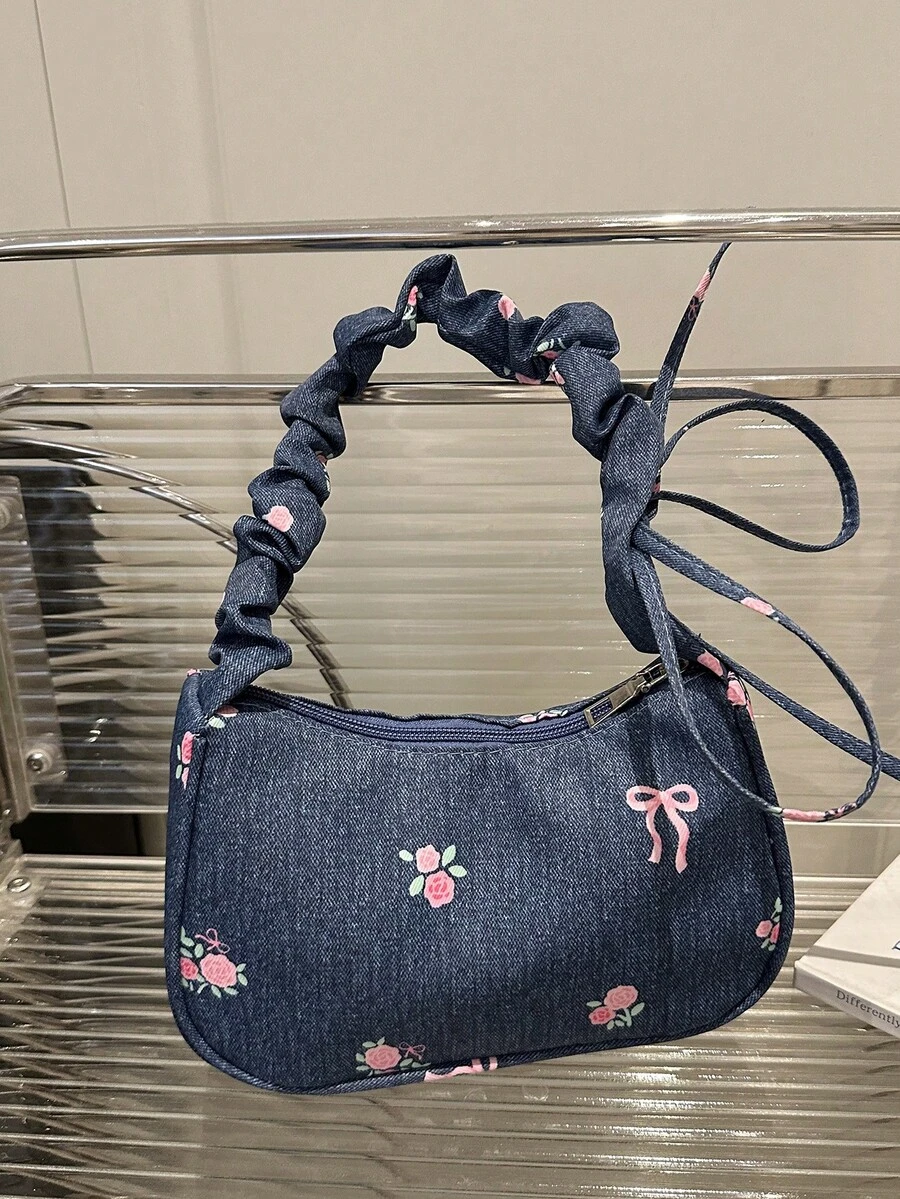1 件海军蓝尼龙面料光滑拉链花卉印花抽绳肩带设计时尚百搭休闲夏季新款独立单肩包，适合女士日常使用 - 藍色 - 查看 1