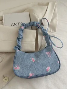 1 件浅蓝色尼龙面料光滑拉链花卉印花抽绳肩带设计时尚百搭休闲新款夏季小号独特单肩包，适合女性日常使用 - 藍色 - 查看 8