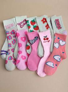 5 Pairs Assorted Cute Pink Pattern Soft & Comfortable Crew Socks For Women, Heart, Flower And Strawberry Designs, Suitable For Daily Wear, Casual, Sports, All Seasons