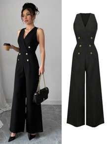 Tuta elegante estiva da donna, di colore tinta unita, senza maniche, con chiusura con chiusura lampo e bottoni, tuta casual larga, adatta per l'uso quotidiano