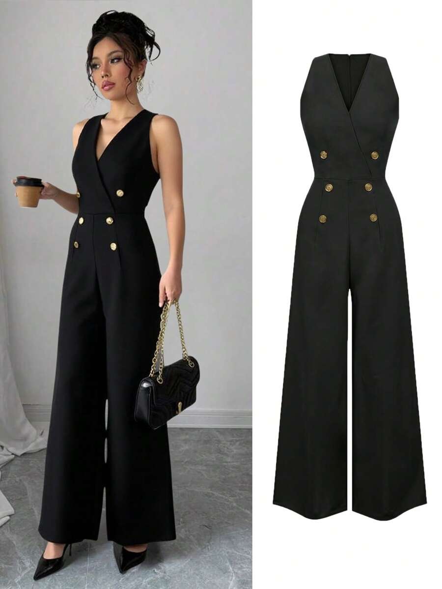 Tuta elegante estiva da donna, di colore tinta unita, senza maniche, con chiusura con chiusura lampo e bottoni, tuta casual larga, adatta per l'uso quotidiano