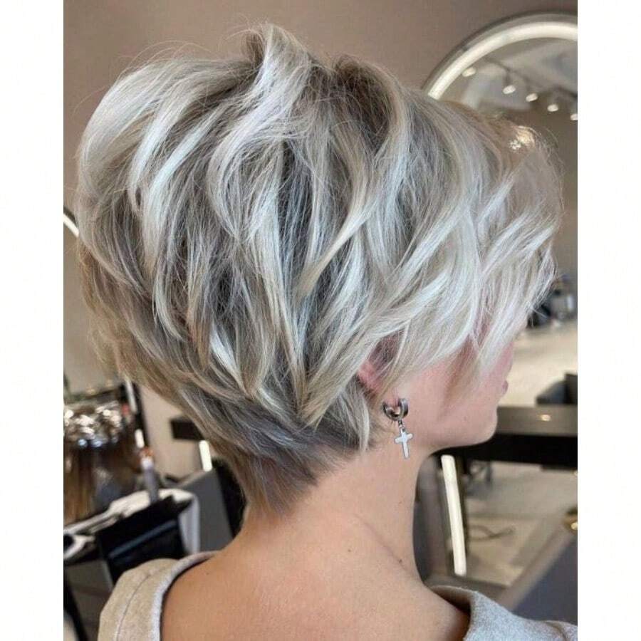 MShort Platinum Grey Pixie Cut With Curtain Bang Bob Wig For Women Synthetic Side Part Shaggy Wig With Ombre Platinum Gray Hair6001 - 1B60 - View 1