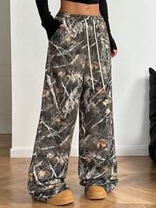 Drawstring Waist Camouflage Printed Wide Leg Drag Pants - Dark Brown - Tan - View 1