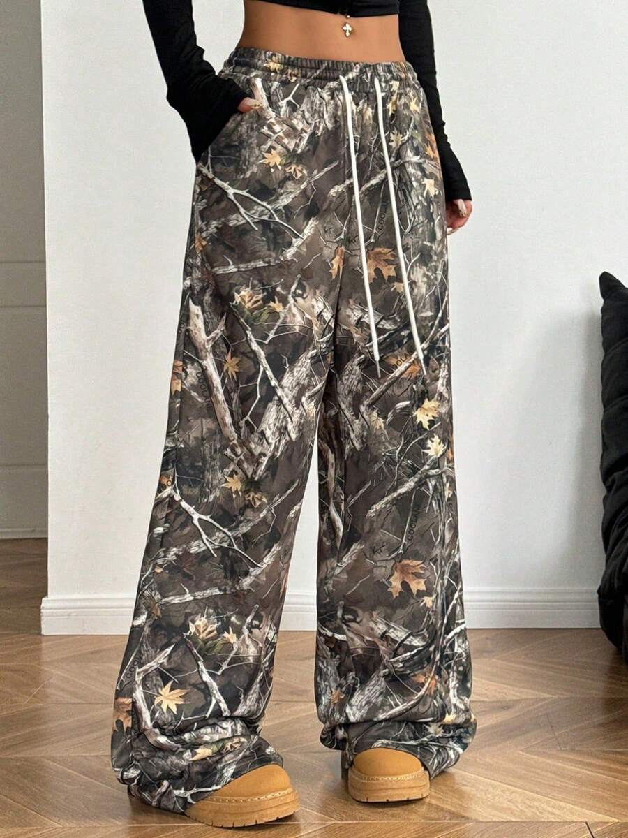 Drawstring Waist Camouflage Printed Wide Leg Drag Pants - Dark Brown - Tan - View 1