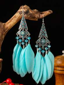 一对奢华AB彩钻波西米亚风长耳环，休闲百搭，可作礼物或派对配饰 - 天然羽毛 - 查看 10