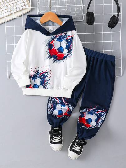 2 szt. Dziecięca bluza z kapturem i spodnie z nadrukiem piłkarskim w stylu 4-7 lat, codzienna odzież sportowa do zajęć na świeżym powietrzu, jesień/zima
