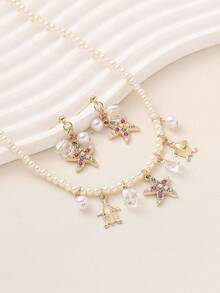 3 件海洋主题人造珍珠、海星、贝壳串珠项链和耳环套装，适合波西米亚风、沙滩装、休闲装、度假装、节日礼物的女性 - 金黃色 - 查看 11