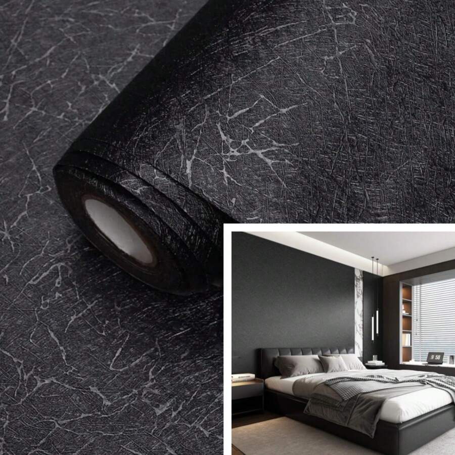 1卷黑色丝绸质感自粘壁纸，复古乙烯基材质，适用于厨房、浴室、客厅墙面、家具翻新，自粘可移除壁纸，尺寸为15.7英寸 x 393.7英寸 / 196.8英寸 / 118.1英寸 / 39.3英寸，适用于卧室、客厅墙面装饰。 - 黑色 - 查看 1