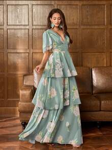 Faeriesty 印花优雅雪纺花卉印花长裙，V 领和珍珠纽扣细节，短款荷叶边袖，收腰廓形，多层荷叶边裙 | 非常适合花园婚礼、户外早午餐、春季节日、海边晚餐 - 綠色 - 查看 6