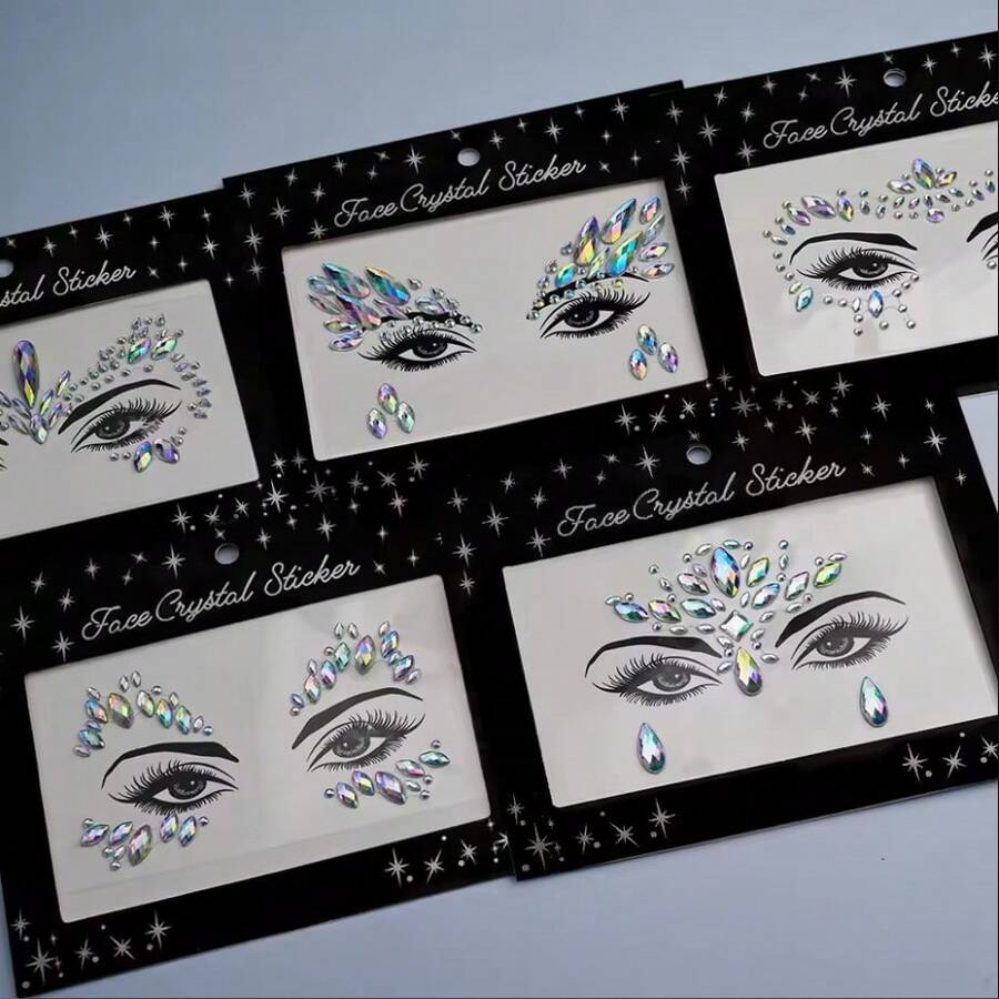 Shmian 5Pcs Sexy Temporary Face Tattoo Stickers 3D Glitter Rhinestone&Diamond Decals Festival/Party/Makeup Face Body Jewel Gem Stickers - Multicolor - View 1
