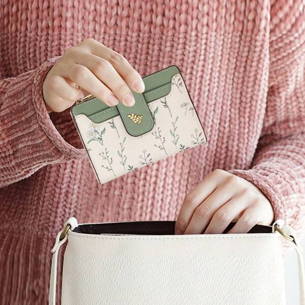 Leaf Metal Button Bifold Wallet Simple Fashion Casual Daily Use Gift Women's Wallet Wallet Small Wallet Fashion PU Leather Women's Short Wallet, Zipper Buckle Small Flower Coin Purse, Multi-Card Slot Card Bag Women, Back To School Season, Exquisite Gift For Friends