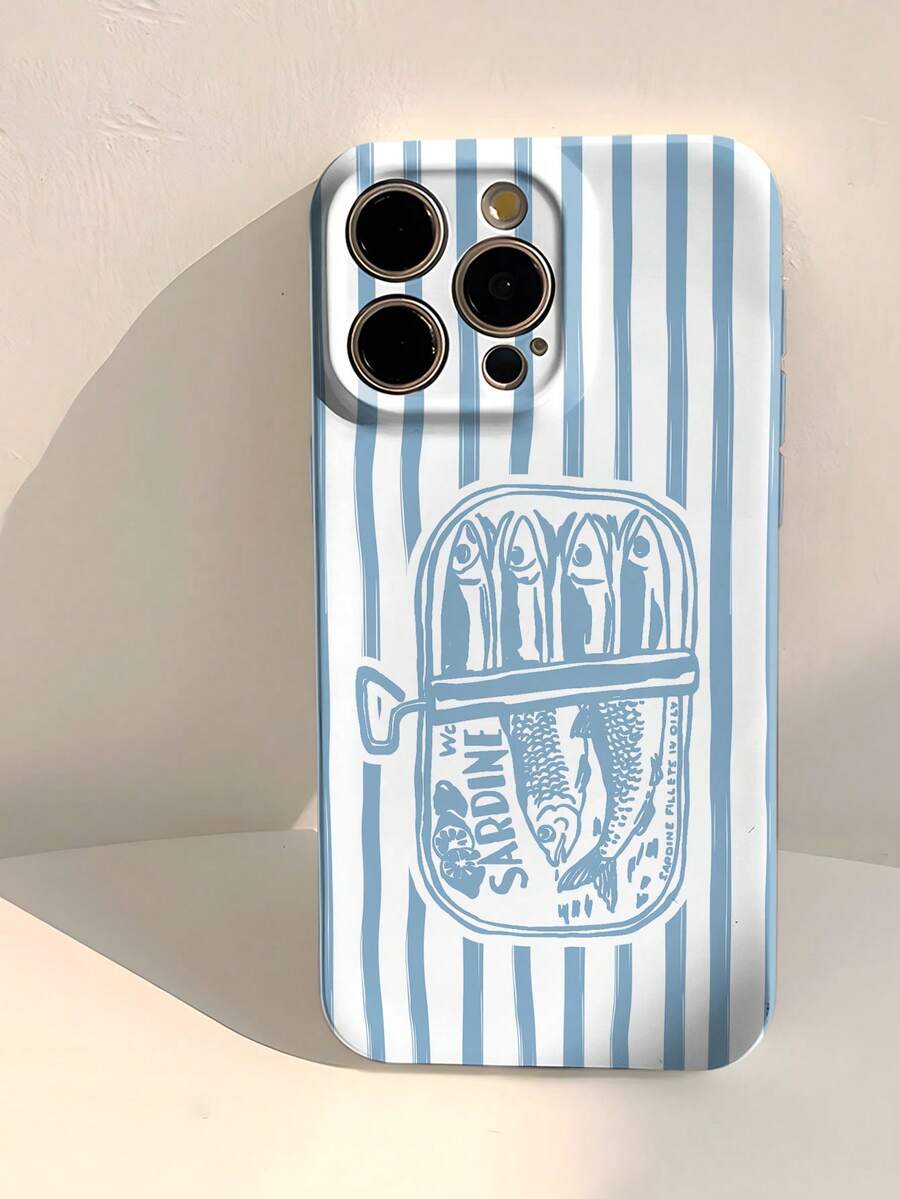1 Pc Simplistic Cartoon Sardine Striped Pattern Hard Phone Case, Perforated Glossy Finish Protective Cover Compatible With Iphone11/12/13/14/15/16 Pro Max Waterproof Shockproof Anti-Fall Scratch Resistant - Multicolor - View 1