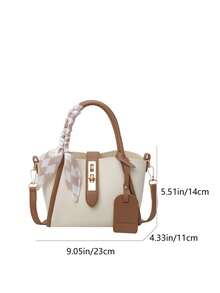 Stylish & Simple Snap-Button Closure PU Tote Bag With Detachable Strap, Shoulder Bag & Handbag, With Scarf, Daily Use - Brown - View 6