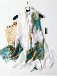 时尚优雅围巾，女士包包，头巾，柔软绿孔雀羽毛印花围巾，防晒披肩，旅行围巾，1件