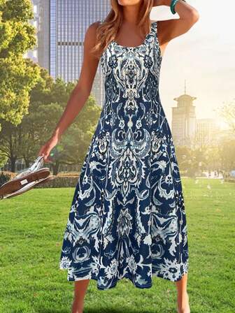 Vestido con estampado floral liviano, elegante y versátil para mujeres, apropiado para uso casual, resort, vacaciones, trabajo, temporada de verano