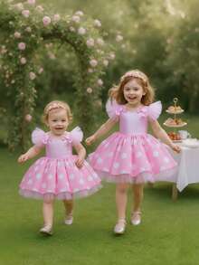 小女孩亮片蝴蝶结薄纱盖袖波尔卡圆点派对礼服，优雅公主裙，适合女孩生日派对、婚礼、花童、舞会、庆典、节日 - 粉色 - 查看 9