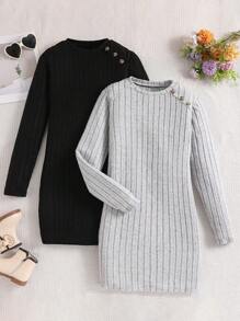2pcs Teen Girls Crewneck Ribbed Knit Midi Dress, Fitted & Elegant, Spring Autumn, Black & White
