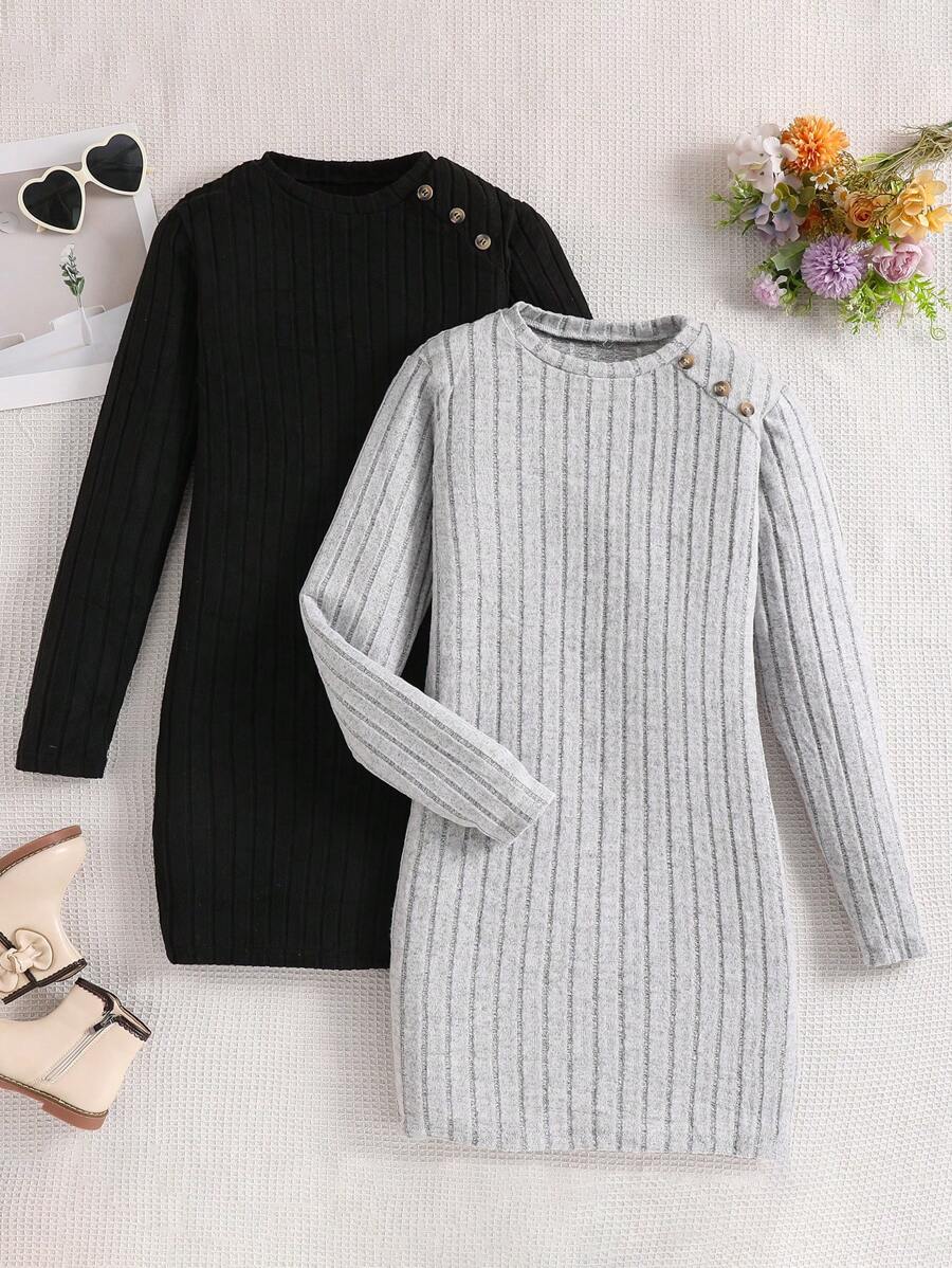 2pcs Teen Girls Crewneck Ribbed Knit Midi Dress, Fitted & Elegant, Spring Autumn, Black & White