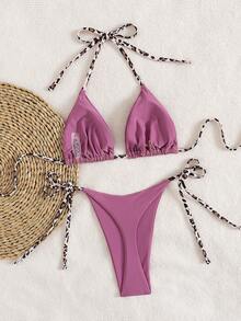 2 Pieces Minimalist Sexy Halter Tie-Up Women's Leopard Print Bikini Swimsuit Vacation Beach Summer - Berry Powder - View 3