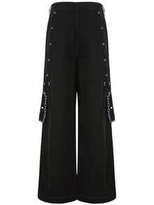Women Vintage Goth Hop Jeans Punk High Waisted Baggy Bootcut Jeans Strap Chain Striped Wide Leg Pants - 黑色 - 查看 5