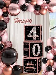 3Pcs Black Pink Birthday Paper Box,Happy 16th/21th/30th/40th/60th/50th Birthday Box,Glitter Elegant Square Paper Boxes,16th/21th/30th/40th/60th/50th Birthday Party Decor,16/21/30/40/60/50 Years Birthday Celebration Supplies - Pink Black - View 5