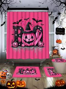 1/4-Stück Halloween einfaches rosafarbenes Kürbis Segen Duschvorhang-Set, rosa Kürbis Halloween Design, 100% Polyester Stoff Vorhang, wasserresistent & leicht zu reinigen, elegantes Einweihungsgeschenk, moderne Heimdekoration, inklusive Duschvorhang, Teppich und 12 Haken, perfekte Halloween Badezimmerdekoration
