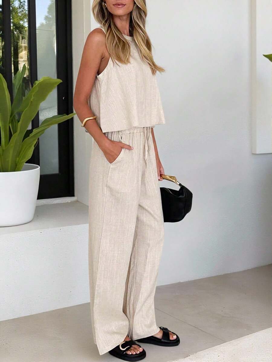 Conjunto de 2 piezas de talla grande para mujer de verano, estilo lino: Top sin mangas y pantalones de cintura elástica con bolsillo, traje casual para vacaciones y uso diario - Avena - Ver 1