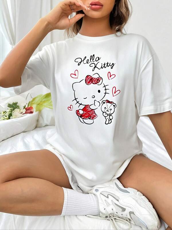 Sanrio Hello Kitty Printed Women T-Shirt, Cartoon White Crew Neck Short Sleeve Loungewear Top, Plus Size Loose & Comfy Couples Pajama, Casual Holiday Wear, Suitable For Birthday Party, Christmas, Valentine's Day, Halloween, Thanksgiving Gift