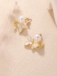 1 对简约时尚仿珍珠蝴蝶耳钉，百搭别致耳环，适合女性、活动、婚礼、日常佩戴和节日 - 金色 - 查看 1