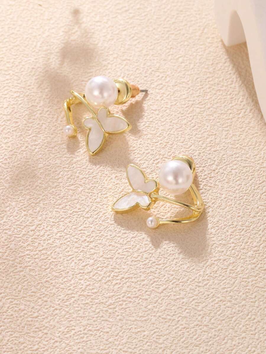 1 对简约时尚仿珍珠蝴蝶耳钉，百搭别致耳环，适合女性、活动、婚礼、日常佩戴和节日 - 金色 - 查看 1