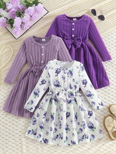 3pcs Autumn/Winter Girl's Casual Dress Set, Solid Color With Button Detail, Floral Print Pattern, Long Sleeve, Fashionable & Elegant For Young Girls
