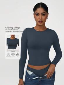 Sodalemon Damen Rundhals-Workout-Training, elastisches Training, bescheidenes Gym-Oberteil, Fitness, langärmeliges Damen-Wandershirt, leichtes Yoga-Sport-T-Shirt