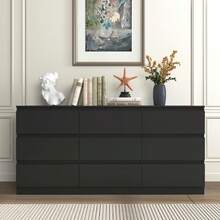 Dresser For Bedroom, 9 Drawer Chest Of Drawers, Long Storage Cabinet, For Living Room, Bedroom, TV Room, Entryway Furniture - 黑色 - 查看 2