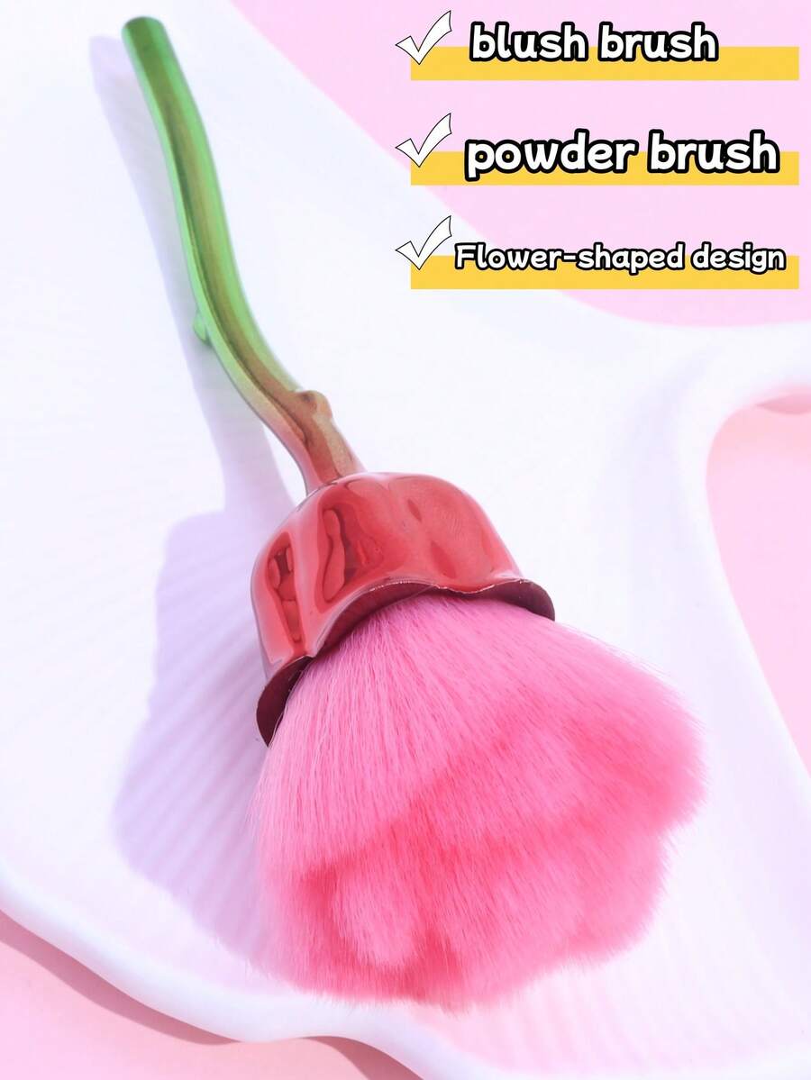 1 件玫瑰腮红刷、高品质蓬松面部粉刷、便携式荧光笔和定妆刷、美容化妆工具 - 彩色 - 查看 1
