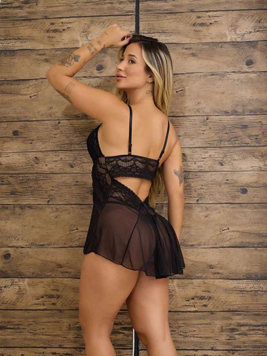 Sexy Lace Tulle Nightdress Without Pads Backless Sexy Pajamas Sleepwear Open Back Sexy Lingerie - 無色 - 查看 1