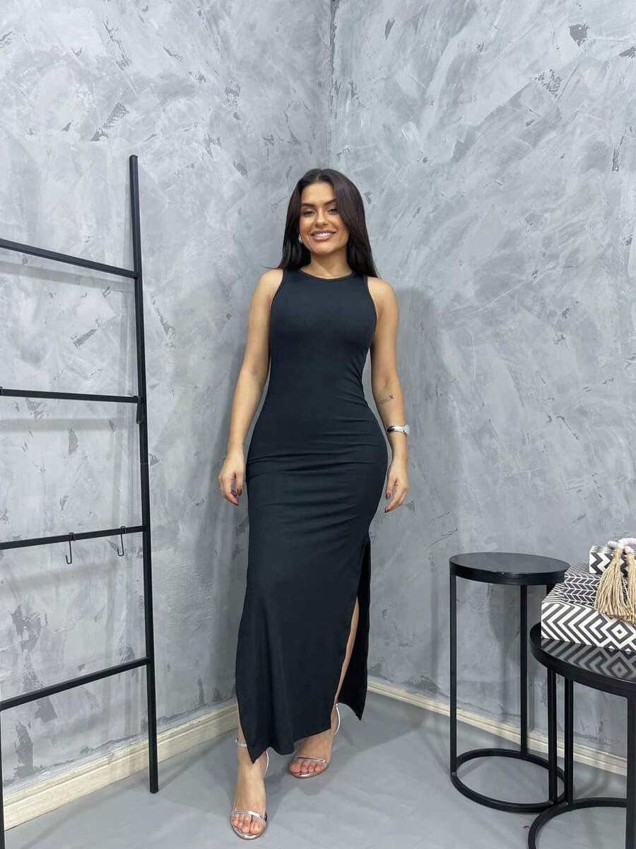 Elegant Women's Long Dress With Side Slit, Tank Top, Everyday, Excellent Quality - 黑色 - 查看 1