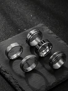 5 Pieces Fashion Stainless Steel Black Gold Roman Cross Text Serpentine Turning Ring Set Suitable For Men And Women Daily Matching Use Holiday Jewellery Halloween Decorative Elements Jewellery - Silver - View 7