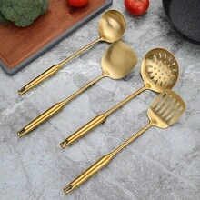 6pcs/Set 304 Stainless Steel Gold Kitchen Utensils Set, Including Spatula, Skimmer, Rice Paddle, Soup Ladle, Pasta Server, Home Cooking Tools