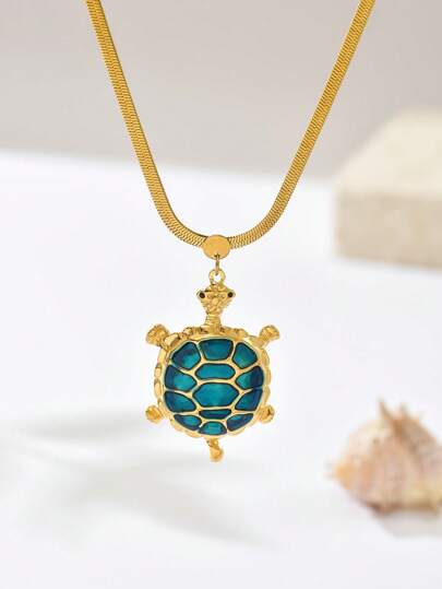 1pc Women's 18K Gold Plated Cartoon Sea Turtle Pendant Necklace With Snake Chain, Beach Style For Summer