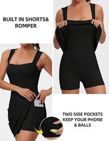 Tennis Dress Women Athletic Dress With Built In Shorts Active Workout Casaul Dresses - 黑色 - 查看 3