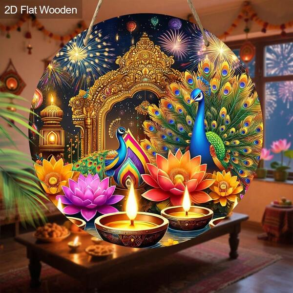 Colgante redondo de madera para Diwali con diseño de loto y pavo real, decoración del hogar para celebraciones festivas, decoración de restaurantes para festivales, idea de regalo de Diwali único