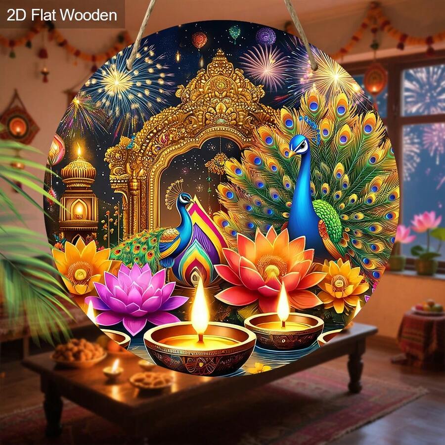 Colgante redondo de madera para Diwali con diseño de loto y pavo real, decoración del hogar para celebraciones festivas, decoración de restaurantes para festivales, idea de regalo de Diwali único