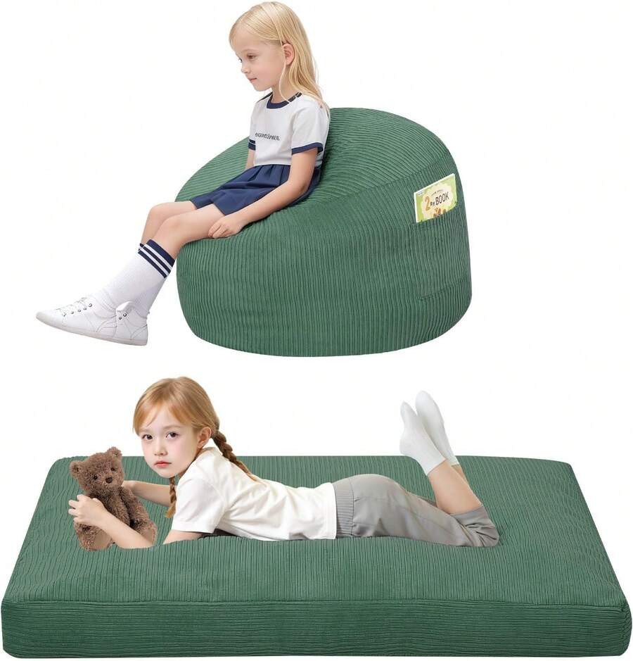 Bean Bag Chair For Kids 8-12, Toddler Beanbag Bed Corduroy, Convertible Child Bean Chair To Floor Mattress With Filler, Kid Reading Comfy Lounge Couch For Boys And Girls Bedroom, Green - 薄荷綠 - 查看 1
