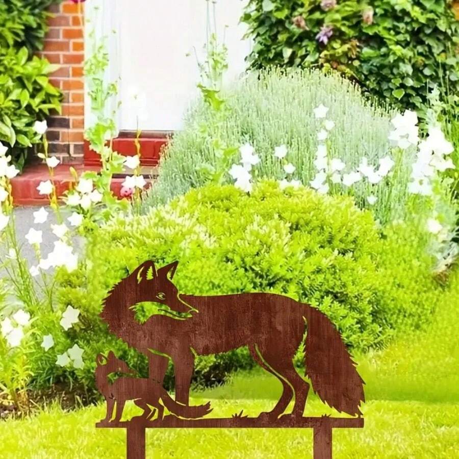 1 件乡村金属狐狸花园桩 - 迷人的庭院艺术雕塑，适用于花坛和菜地、鸡舍设计、理想的野生动物礼物、花园装饰