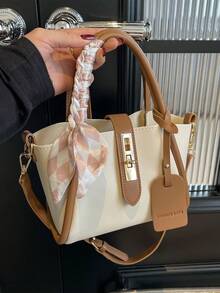 Stylish & Simple Snap-Button Closure PU Tote Bag With Detachable Strap, Shoulder Bag & Handbag, With Scarf, Daily Use - Brown - View 2