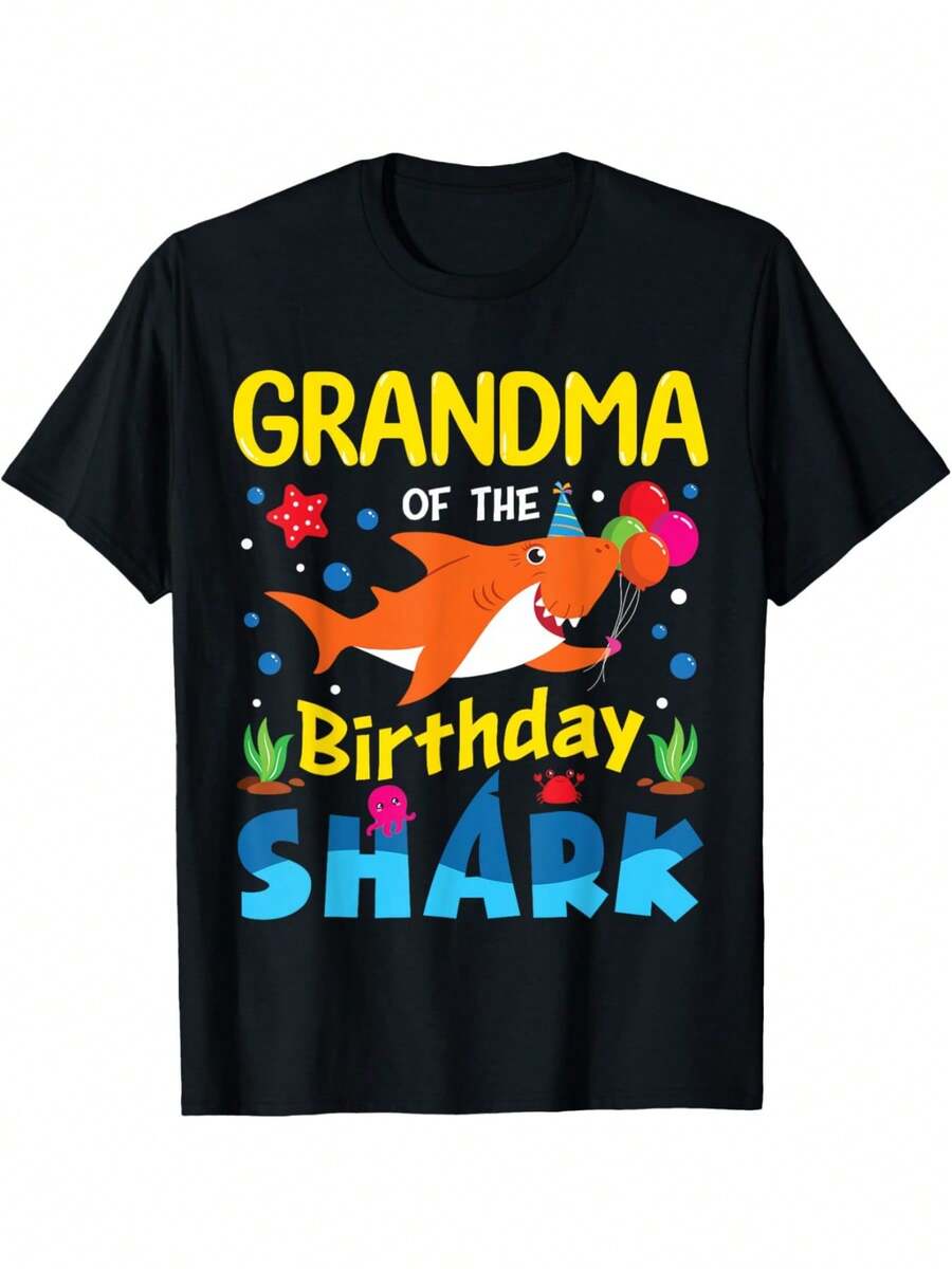 Grandma Of The Birthday Shark Graphic T-Shirt, 100% Cotton Crew Neck Tee, Regular Fit Knit Fabric, With Applique Detail, For Adults, All-Season Sports StyleMen's T-Shirt - 黑色 - 查看 1