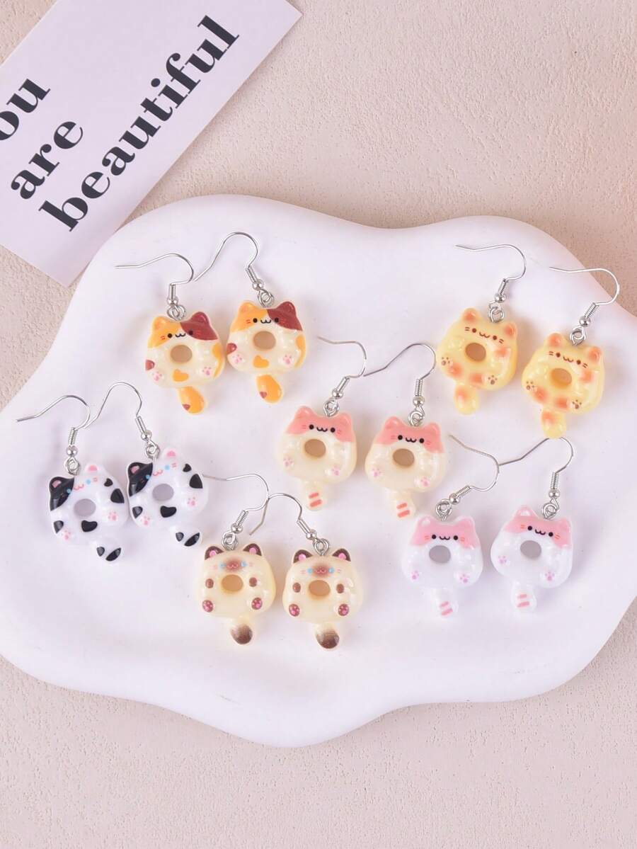 6 对可爱甜甜圈和空心猫设计耳环，派对时尚珠宝配饰 - 彩色 - 查看 1