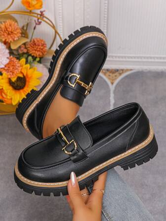 Women's Thick Sole Slip-On Loafers, Fashion Metal Chain Decor