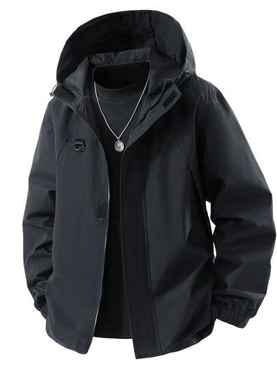 Plus Size Men's Casual Hooded Jacket, Zipper Design With Pockets, Suitable For Men's Daily Casual And Holiday Wear, Spring/Autumn