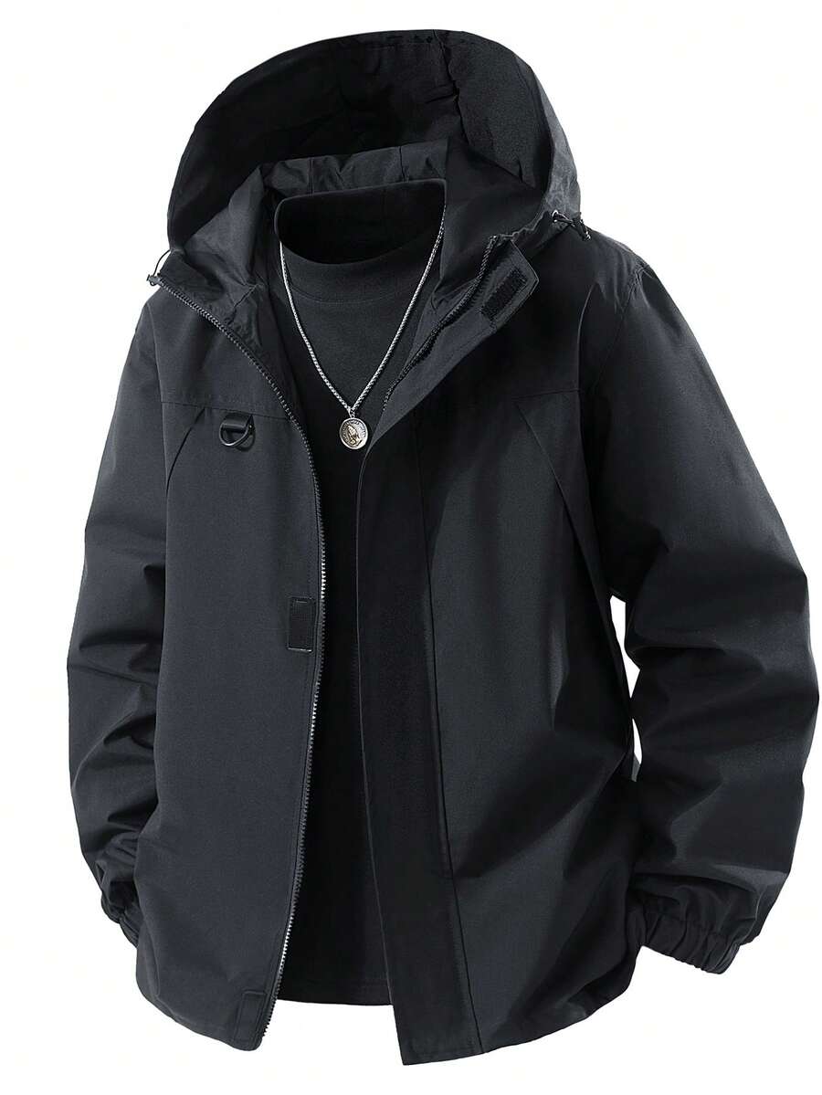 男士加大休闲连帽拉链夹克，带兜帽和拉链设计，口袋，适合男士假日、秋季 - 黑色 - 查看 1